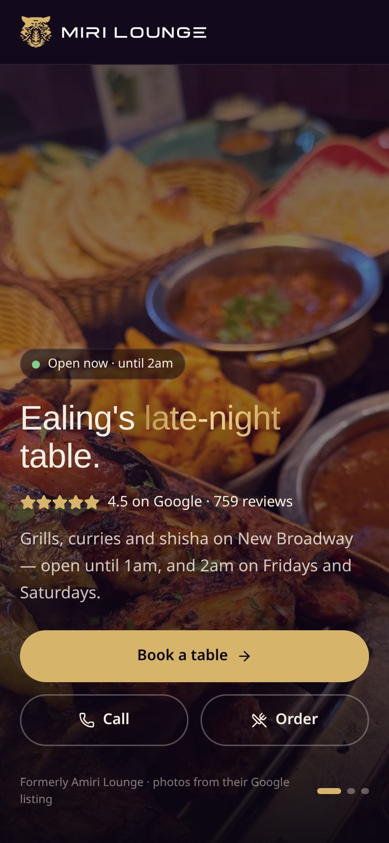 Miri Lounge website on a phone: Home