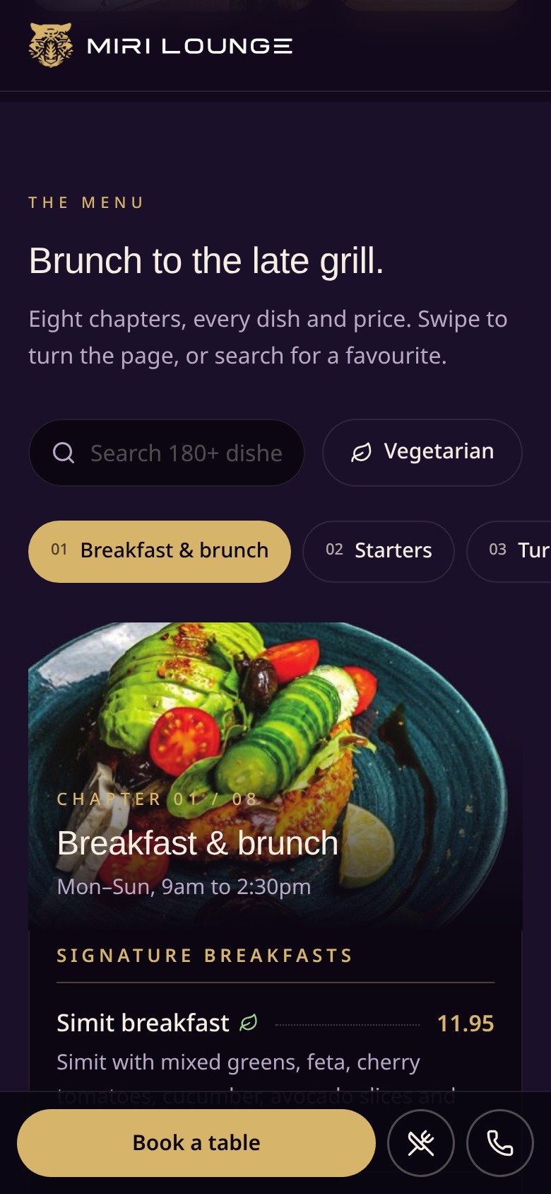 Miri Lounge website on a phone: Menu