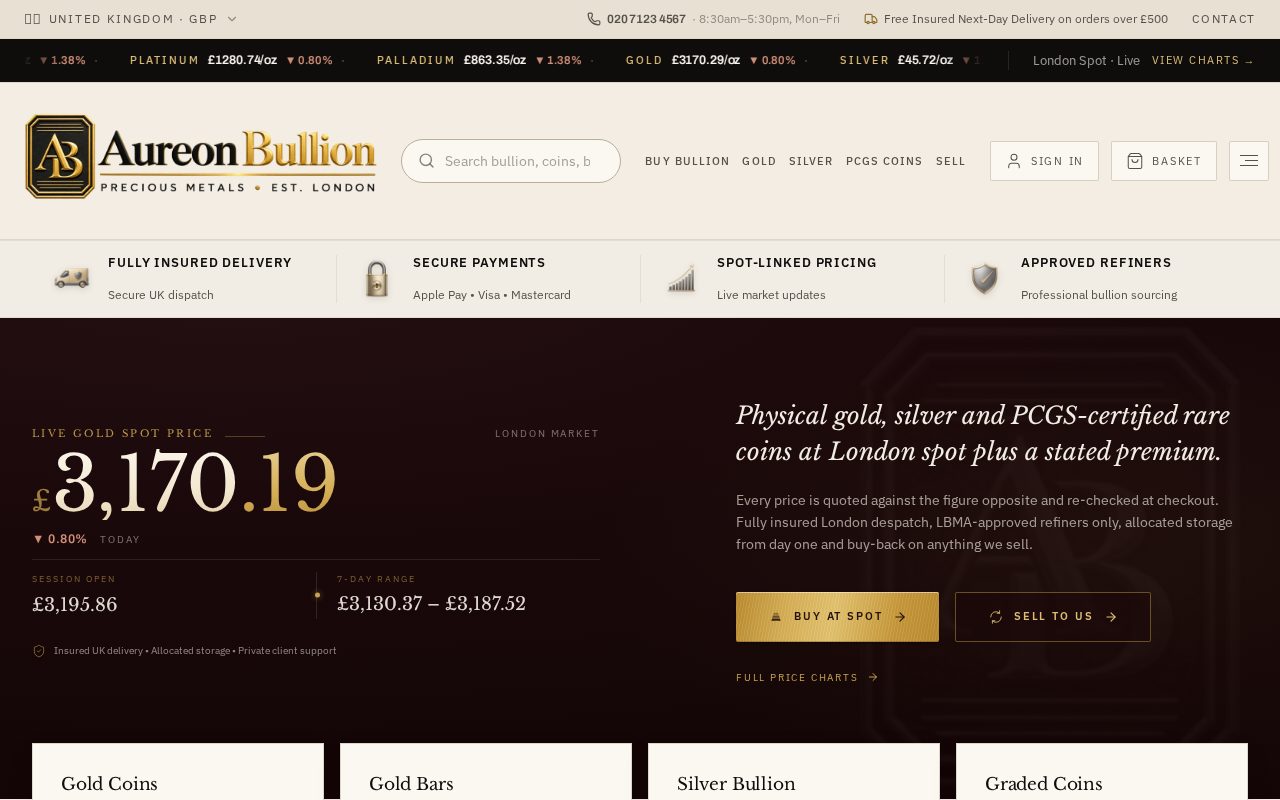 Aureon Bullion website on a desktop computer