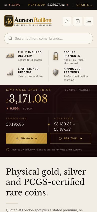 Aureon Bullion website on a phone: Home