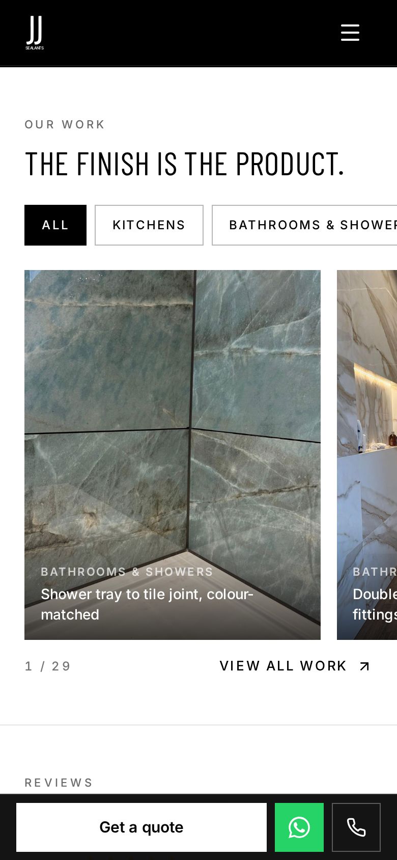 J J Sealants website on a phone: Services and work