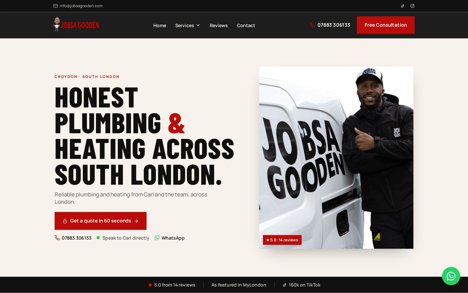 Jobsa Gooden Plumbing & Heating website on a desktop computer