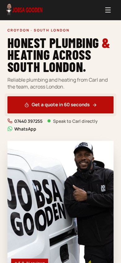 Jobsa Gooden Plumbing & Heating website on a phone: Home