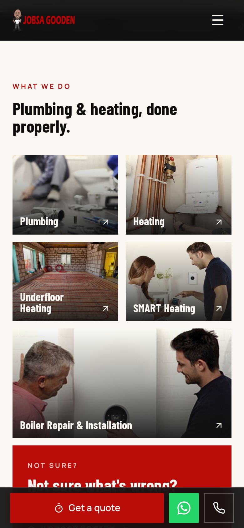 Jobsa Gooden Plumbing & Heating website on a phone: Services and work