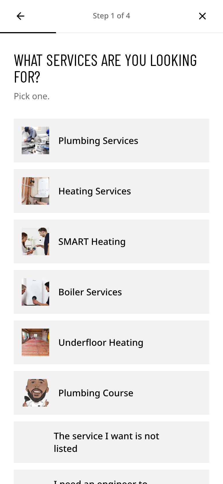 Jobsa Gooden Plumbing & Heating website on a phone: Quote form, step 1