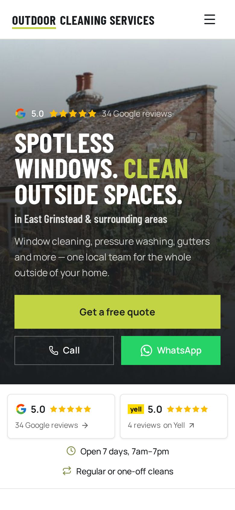 Outdoor Cleaning Services website on a phone: Home