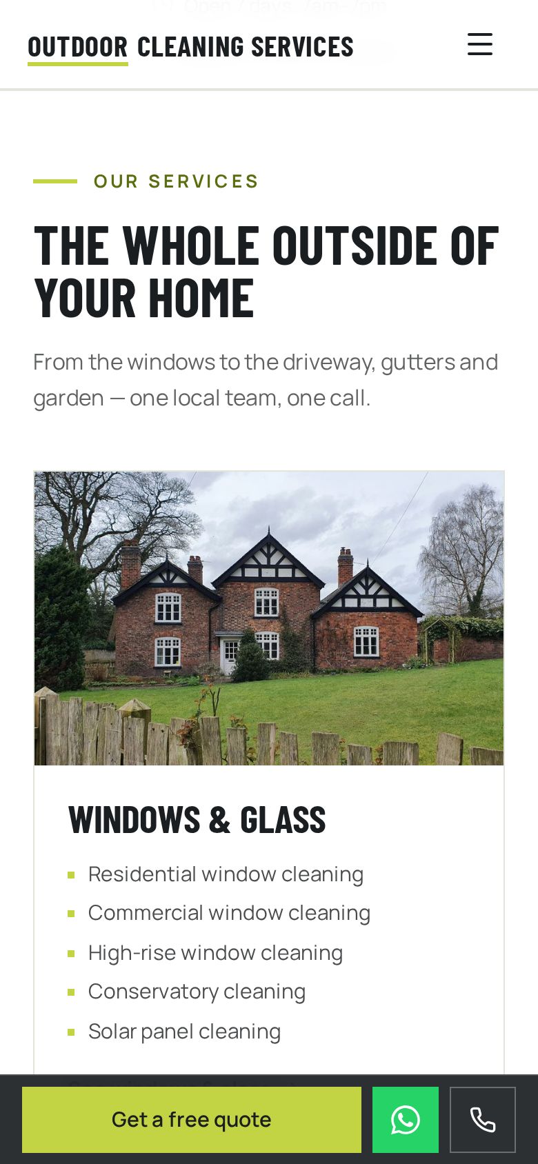 Outdoor Cleaning Services website on a phone: Services and work