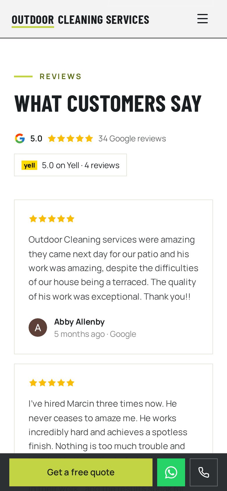 Outdoor Cleaning Services website on a phone: Reviews