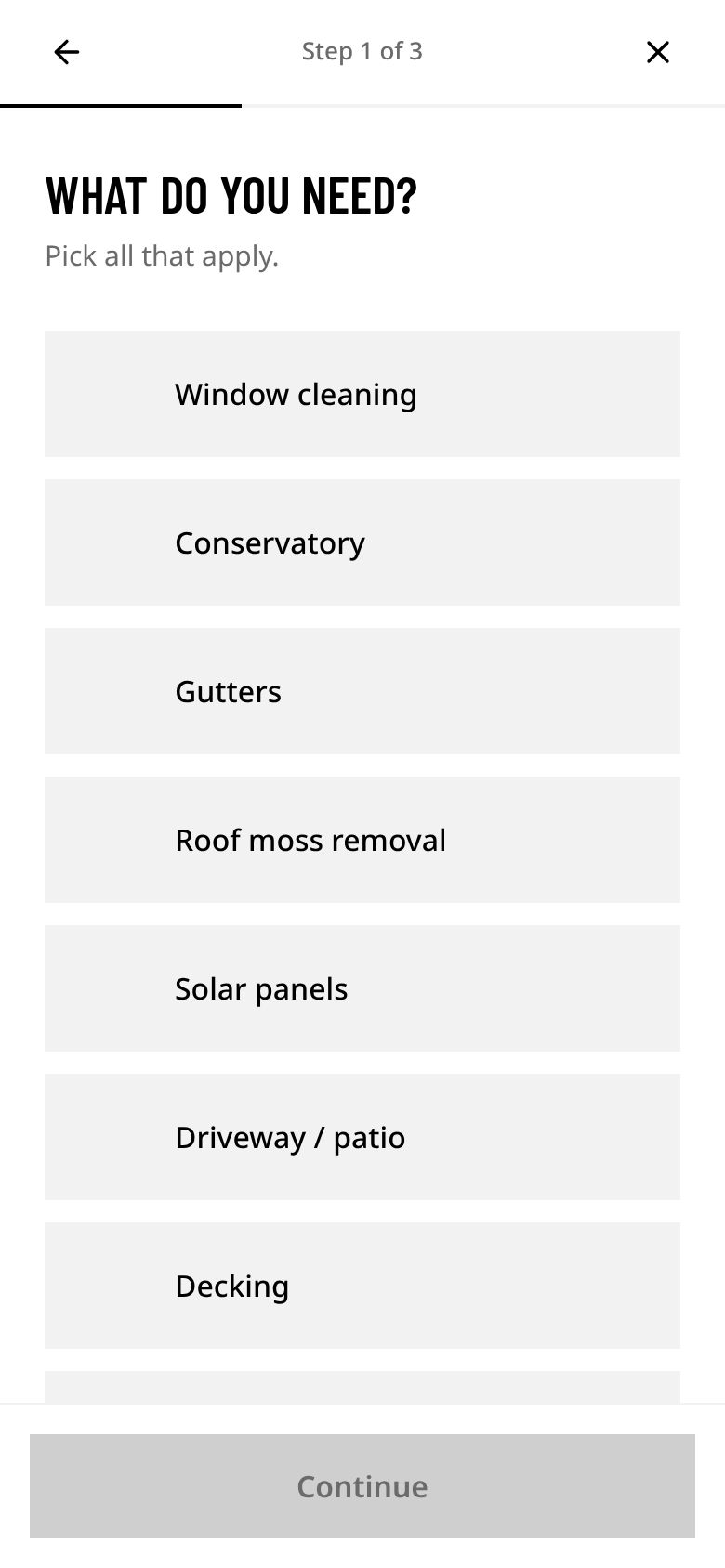 Outdoor Cleaning Services website on a phone: Quote form, step 1