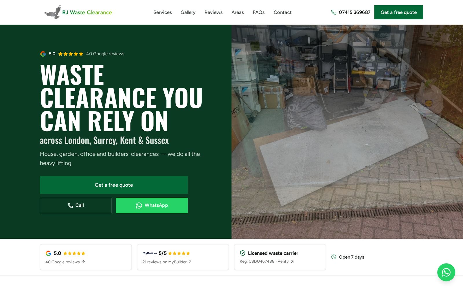 RJ Waste Clearance website on a desktop computer