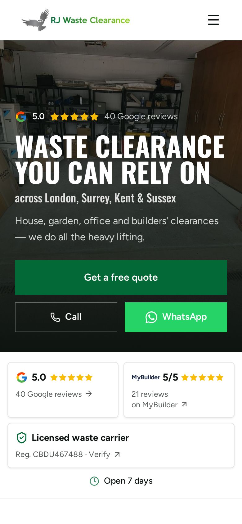 RJ Waste Clearance website on a phone: Home