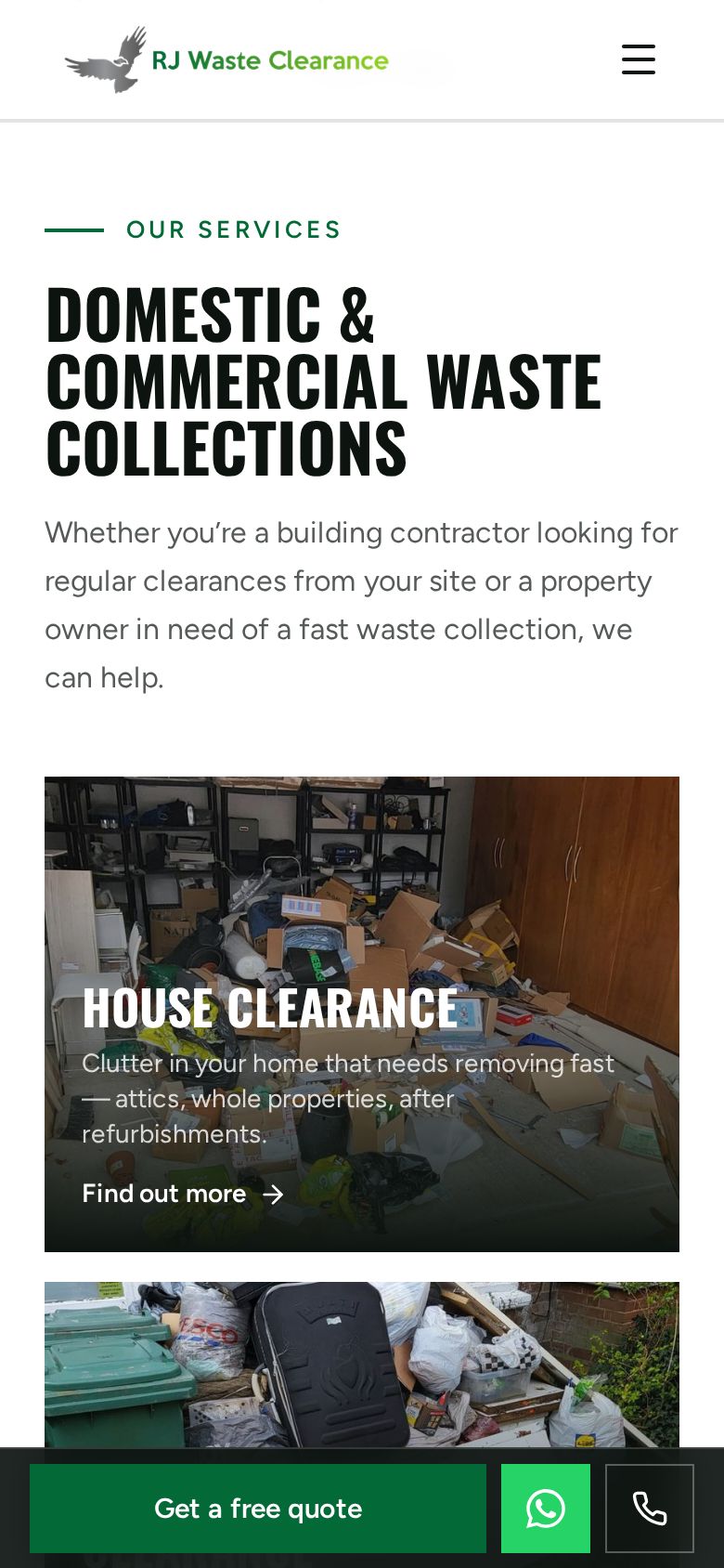 RJ Waste Clearance website on a phone: Services and work
