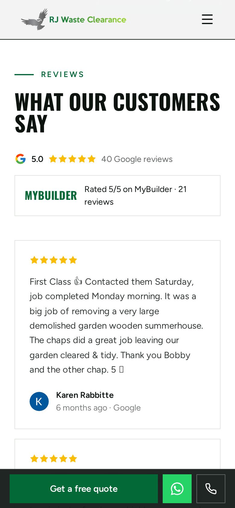 RJ Waste Clearance website on a phone: Reviews